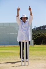 Cricket umpire signalling six runs during match