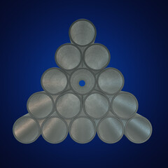 Stack of steel metal pipes. 3d render on blue. Business industry concept