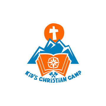 Logo of kid's Christian camp. Mountains, cross, bible and compass.