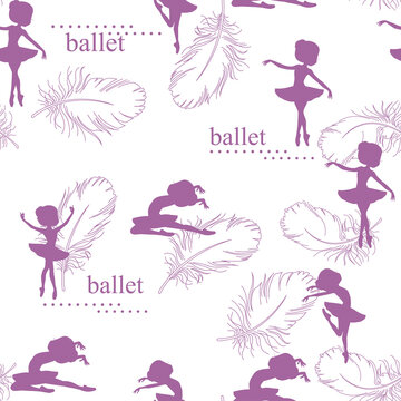 Pattern with silhouette of ballerinas and feather of swan. Black and white illustration of ballerinas. Retro seamless pattern. Hand drawn illustration.