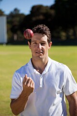 Portrait of confident bowler with ball during match
