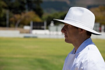 Profile view of umpire standing at field during cricket match