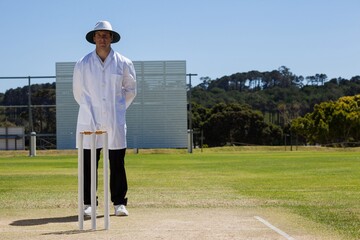 Full length of umpire standing behind stumps 