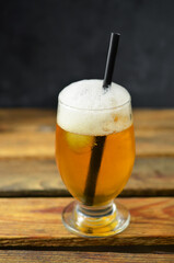 Cold beer on wooden table