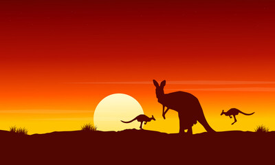 Silhouette kangaroo at sunrise landscape - obrazy, fototapety, plakaty
