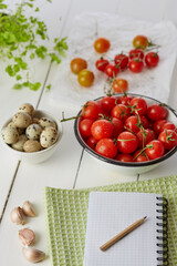 Healthy food & drink Italian healthy lifestyle. Mediterranean fresh vegetables spices &  herbs. Red cherry tomatoes.