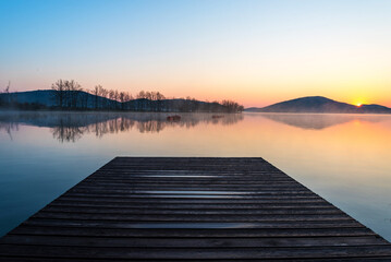 Sunrise on Lake Plastira in Karditsa Region, Greece