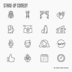 Set of thin line icons on theme stand up comedy show. Vector illustration.
