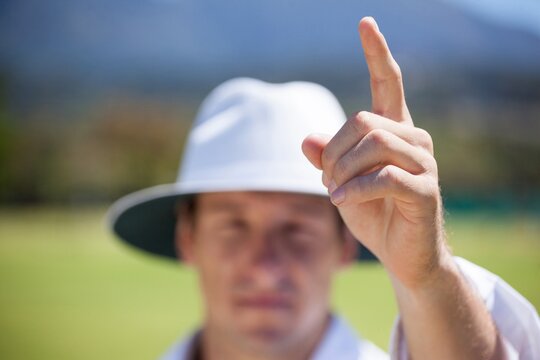 Cricket umpire signaling out sign during match