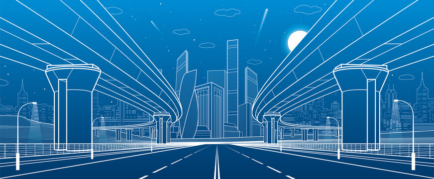 Road overpass. Big highway. Transportation bridge. Urban infrastructure, modern city on background, industrial architecture. Towers and skyscrapers. White lines illustration, vector design art 