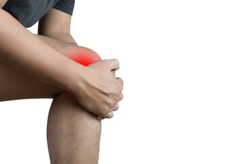 Knee painful  man running with strong athletic legs holding knee and pain