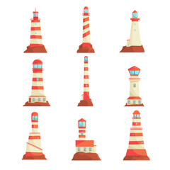 Obraz na płótnie Canvas Searchlight towers for maritime navigational guidance set. Collection of lighthouses vector Illustrations
