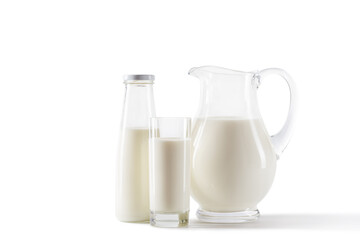fresh milk in jug, bottle and glass isolated on white