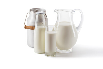 fresh milk in can, bottle, jug and glass isolated on white