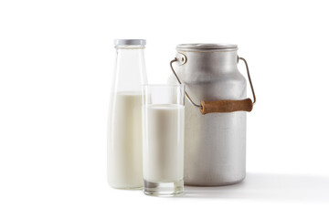 fresh milk in can, bottle and glass isolated on white