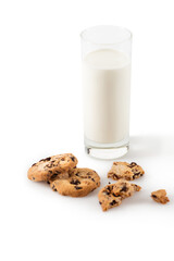 glass of fresh milk and homemade cookies isolated on white