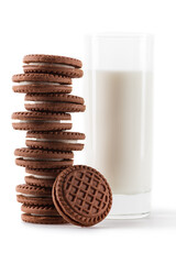 glass of fresh milk and stack of cookies isolated on white