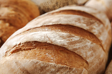 Bread texture background, closeup of baguette loaf