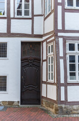Door of a historic half-timbered house in Minden