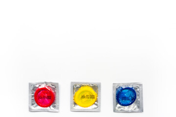 condoms for male contraception and birth control white background top view mockup