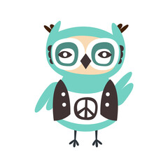 Cute cartoon owl bird with peace sign on its cloth colorful character vector Illustration