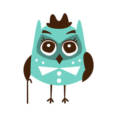 Cute cartoon owl bird wearing in elegant clothes and holding a cane colorful character vector Illustration