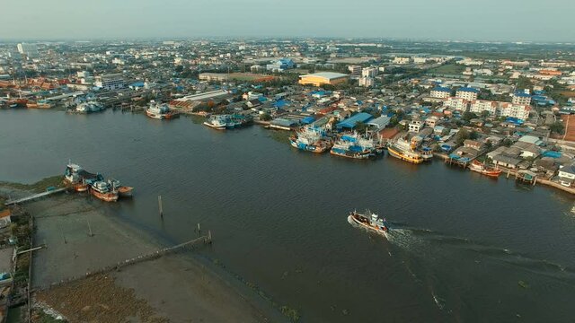 aerial view of fishery boat in tha chin river samut sakorn thailand
