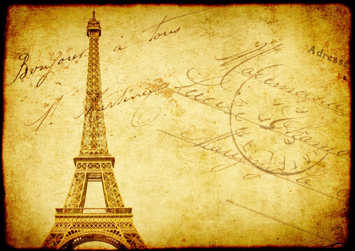 Vintage grunge background with old paper texture and Eiffel Tower