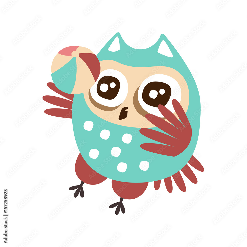 Poster cute cartoon owl bird playing a ball colorful character vector illustration