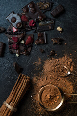 Fototapeta na wymiar pieces of chocolate bar with nuts and berries with cinnamon and sieve