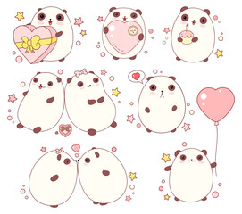 Naklejka premium Set of cute pandas in kawaii style