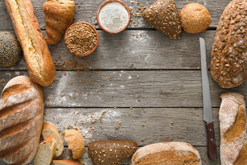 Bread background with copy space on rustic wood