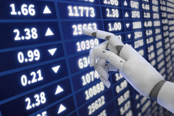 Robot touching interactive stock market chart 