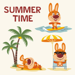 Summer time. Set happy bunny rabbit resting on beach. Collection cartoon bunny rabbit surfing, laying under palm tree, resting in recliner with cocktail.