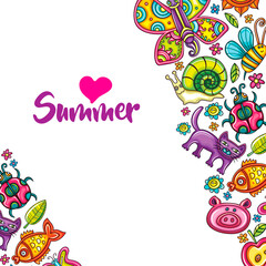 Flora and fauna template. Cartoon vector frame, place for text, colorful animals, birds, bugs and flowers. Children party invitation, summer banner, kids greeting card. Doodle colorful icons isolated.