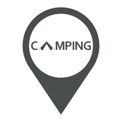 Icono plano localizacion CAMPING y tienda de camping gris