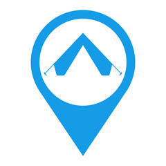 Icono plano localizacion tienda de camping azul