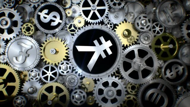 Rotating Yen sign in gear unit with various currency sign. 