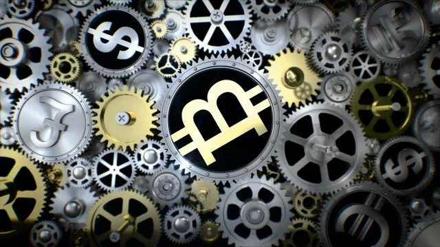 Rotating bitcoin in gear unit with various currency sign. 