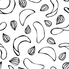 Potato Chips and Almond Seamless Fast food Pattern. Realistic Vector Illustration Isolated On a White Background Doodle Cartoon Hand Drawn Vintage Hipster Style Sketch.