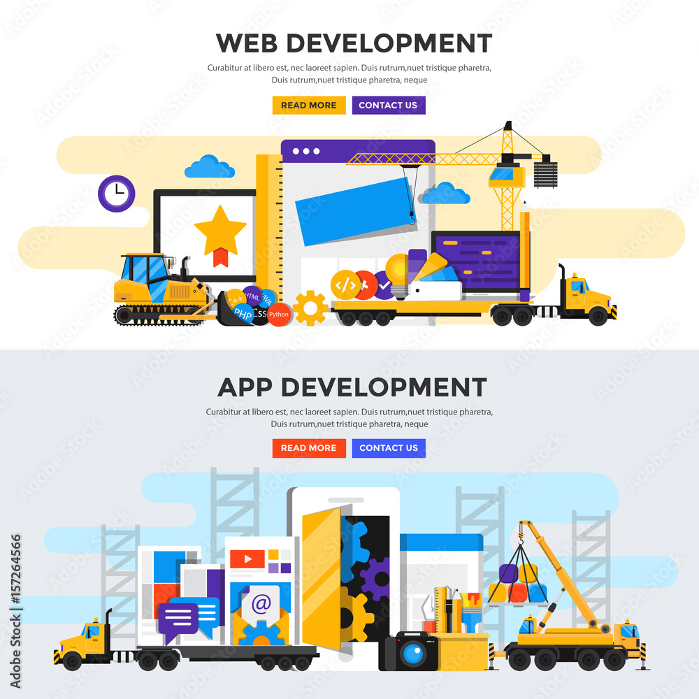 Wall mural flat design concept banner - apps and web development