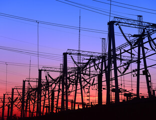 High voltage substation in the setting sun