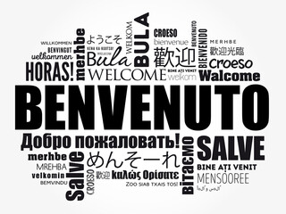 Benvenuto (Welcome in Italian) word cloud in different languages, conceptual background