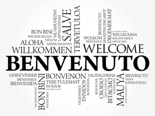 Benvenuto (Welcome in Italian) word cloud in different languages, conceptual background