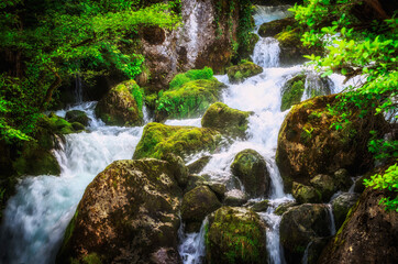 Obraz premium Jungle landscape with flowing turquoise water of georgian cascade waterfall at deep green forest. Mountain of georgia