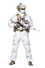 Special forces operator of Navy Seals armed with assault rifle with closed face in polarized...