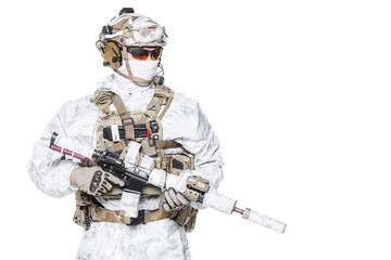 Special forces operator of Navy Seals armed with assault rifle with closed face in polarized...