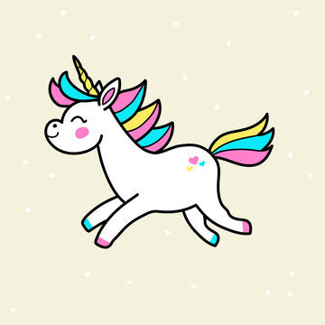 White vector unicorn patch with rainbow mane and horn. Running unicorn isolated on background. 