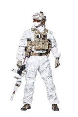 Special forces operator of Navy Seals armed with assault rifle with closed face in polarized...