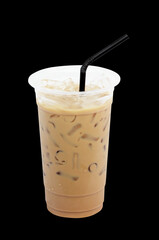 Iced coffee with straw in plastic cup isolated on black  background / coffee sweet
